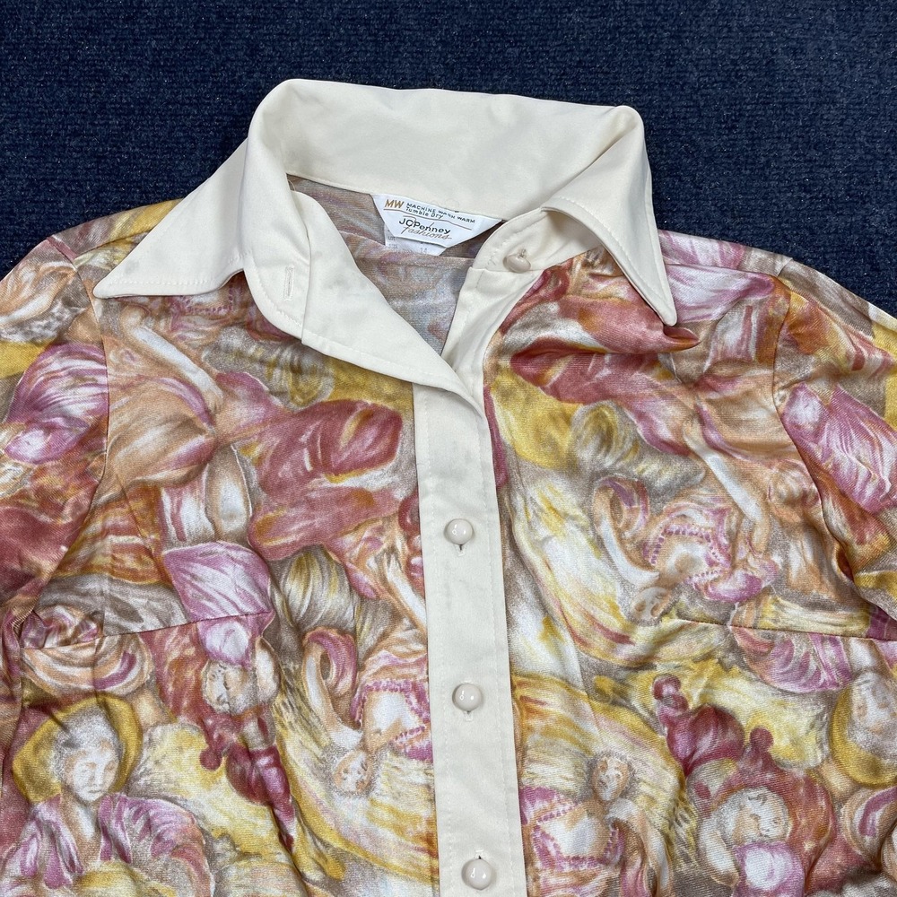 Vintage 70s JCPenney Fashions Button Up Shirt Womens 14 Multicolor Angel Print